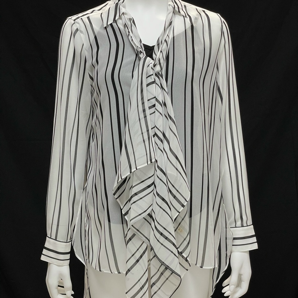 WHBM sheer B&W striped hi-low blouse w/scarf